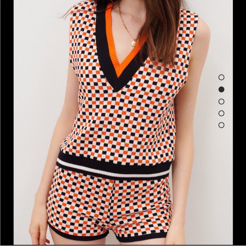 Zara Orange Black Checkered Shorts Set